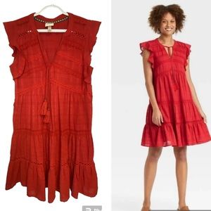 Knox Rose Tiered Red Cotton Gauzy Eyelet Dress Boho Flutter Sleeves Size XS